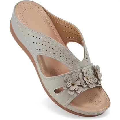 White hollow wedge sandals for women with decorative flower pattern, lightweight breathable summer heels