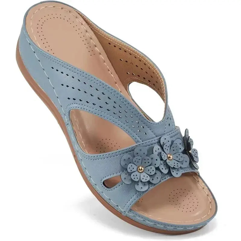 White hollow wedge sandals for women with decorative flower pattern, stylish breathable summer heels