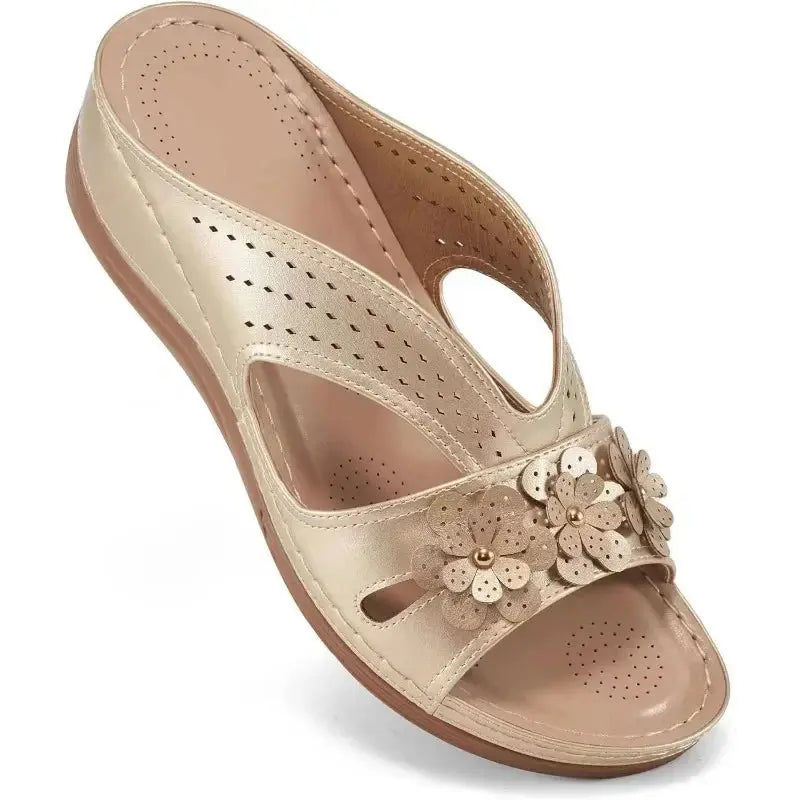 White hollow wedge sandals for women with decorative flower pattern, lightweight breathable summer heels