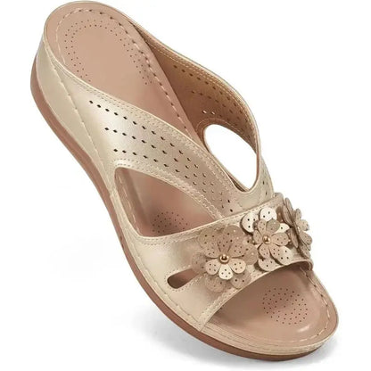 White hollow wedge sandals for women with decorative flower pattern, lightweight breathable summer heels