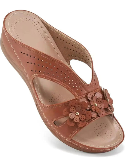 White hollow wedge sandals for women with decorative flower pattern, lightweight breathable summer heels