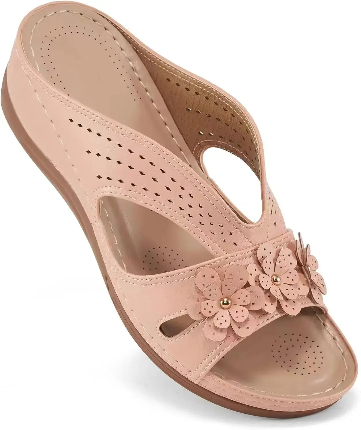 White hollow wedge sandals for women with decorative flower embellishment, lightweight breathable design