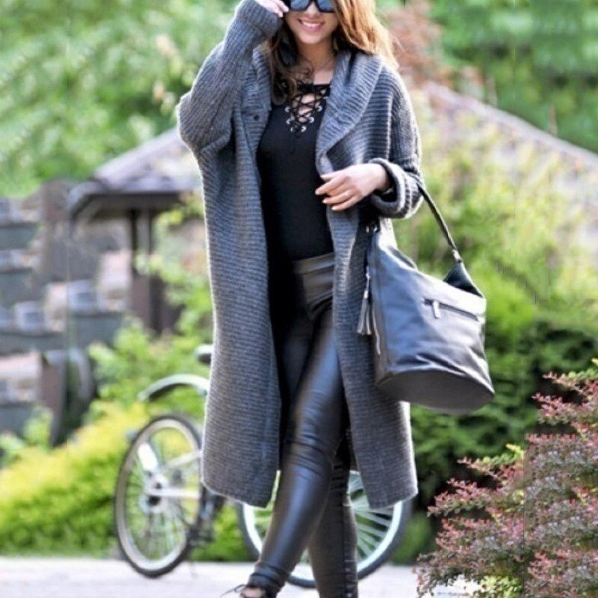 Women's cozy knit hooded maxi cardigan relaxed long drape ribbed textured chic layering style