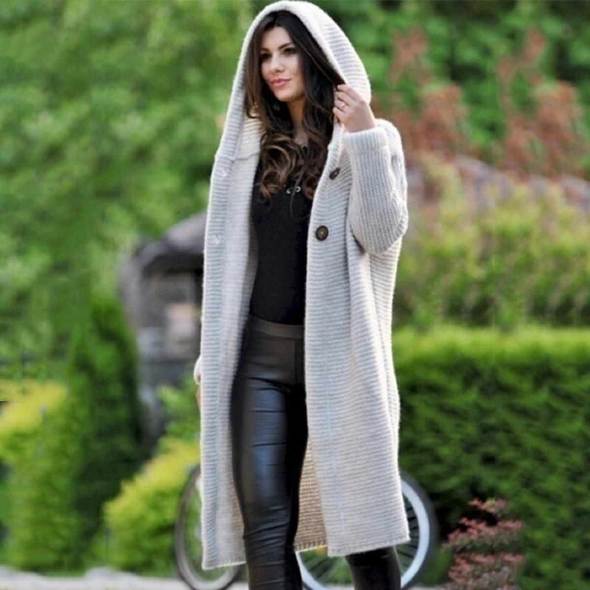 Women's cozy knit hooded maxi cardigan relaxed long draped fit with ribbed texture detailing