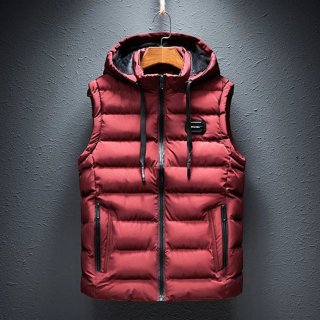 Men's quilted puffer vest with detachable hood, regular fit, zipper pockets, ideal for outdoor layering