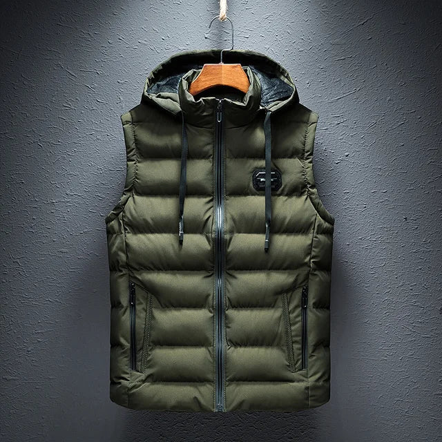 Men's quilted puffer vest with detachable hood, regular fit, zipper pockets, ideal for outdoor layering