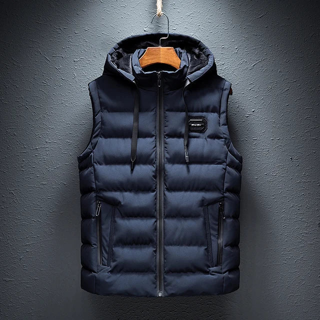 Men's quilted puffer vest with detachable hood, regular fit, zipper pockets, ideal for outdoor layering