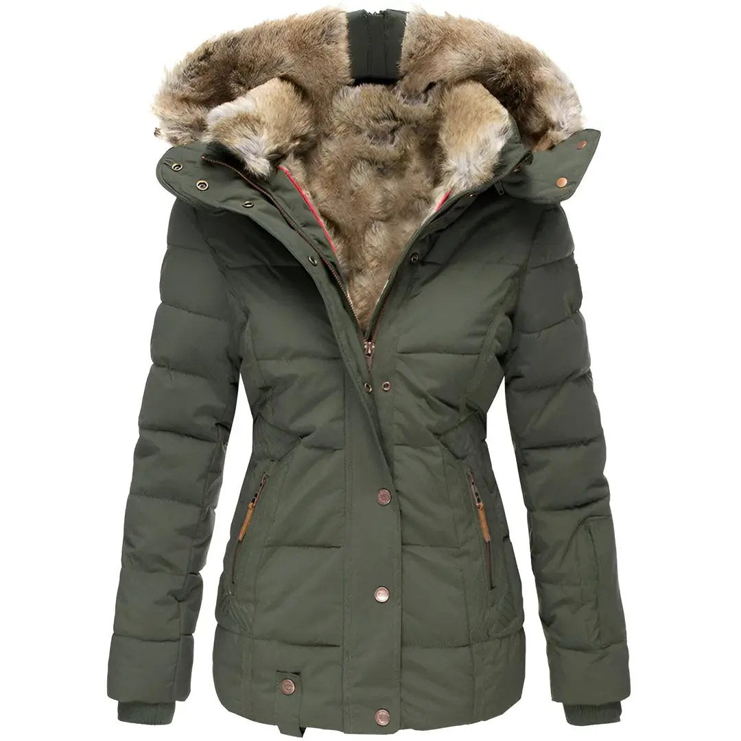 Women's slim fit hooded puffer jacket with thick padding insulation for cozy cold-weather protection