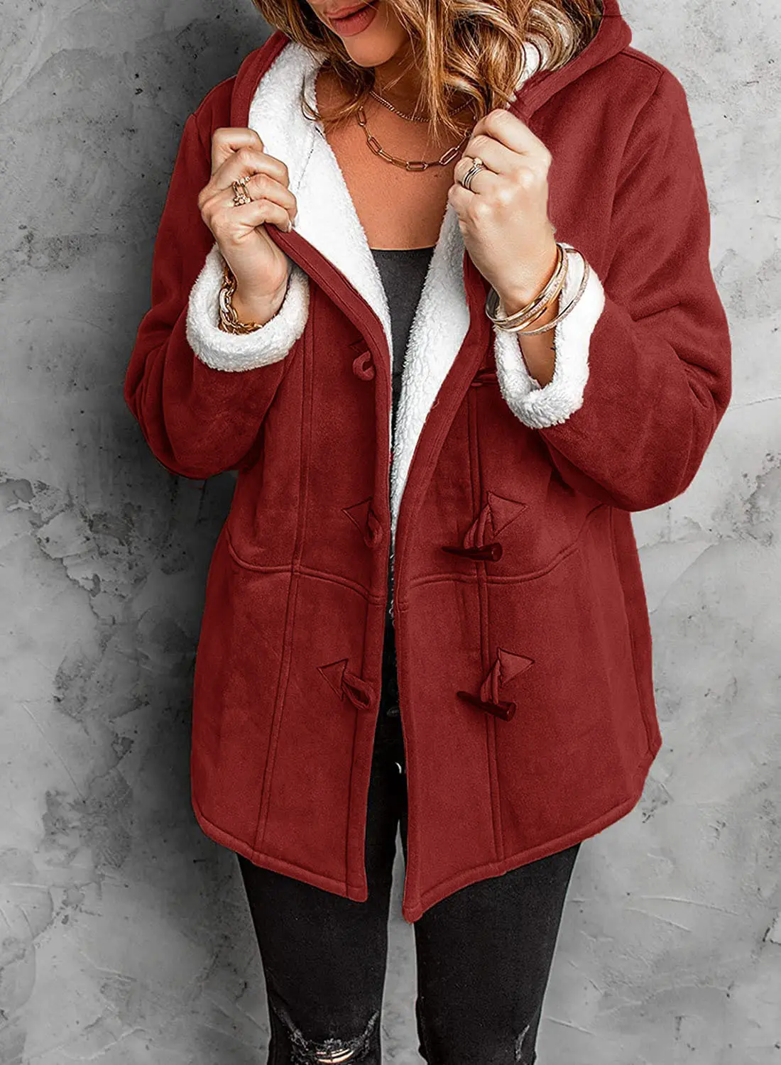 Women's hooded toggle winter coat, cozy fleece-lined outerwear with classic toggle closure