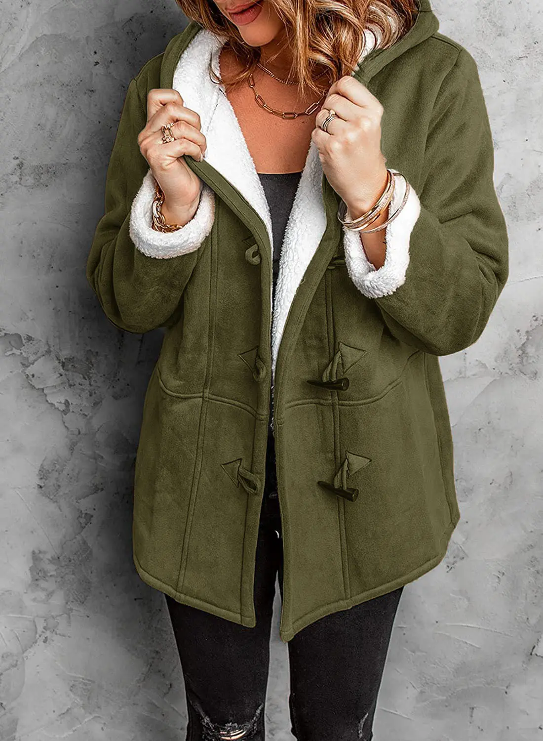 Women's hooded toggle winter coat cozy fleece-lined relaxed silhouette with classic toggle closure
