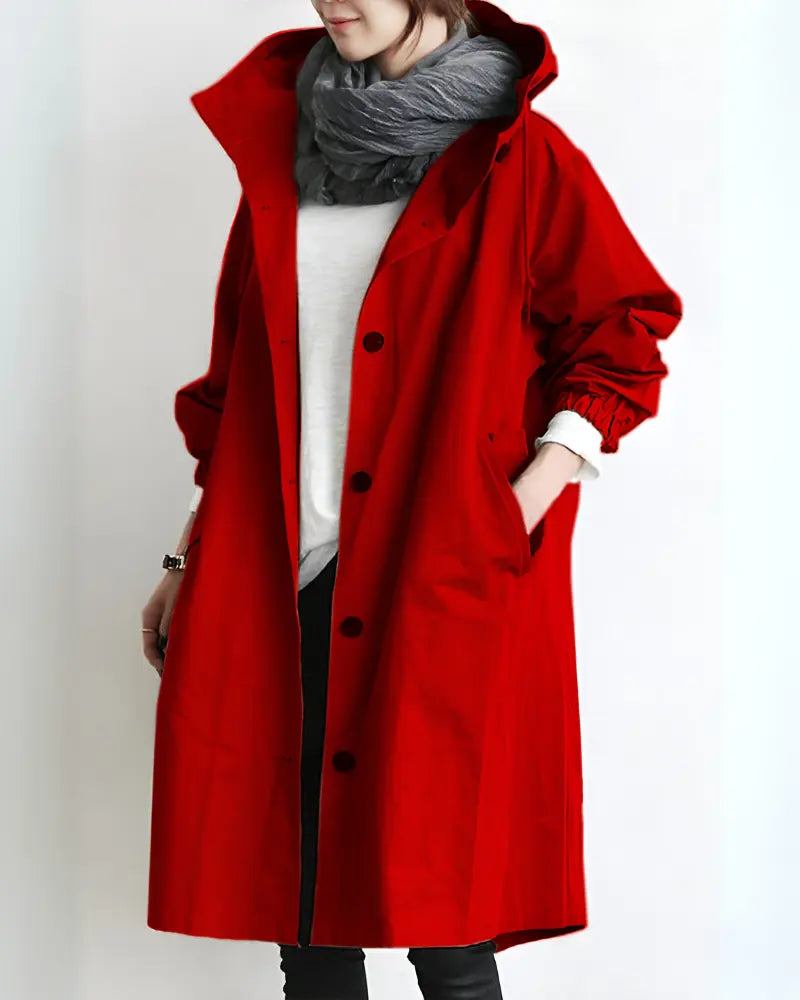 Women's hooded trench coat lightweight warm structured silhouette classic style with modern hood detail