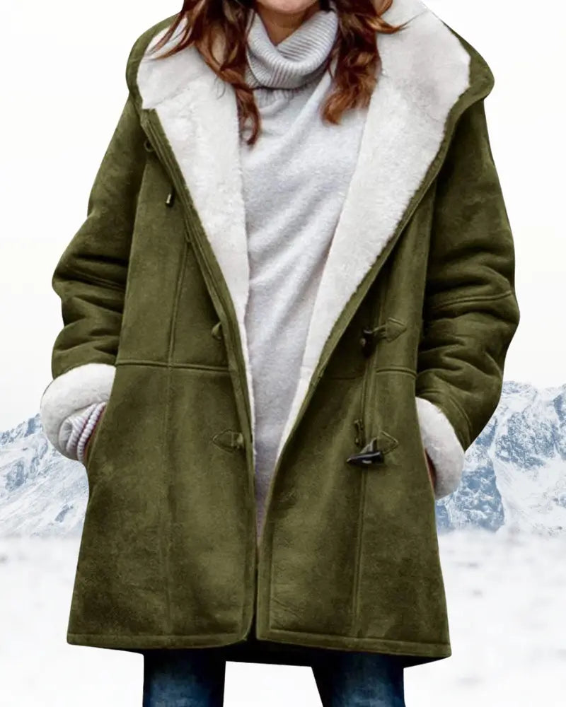Women's knee-length hooded wool blend winter coat, relaxed fit, cozy and chic cold-weather style