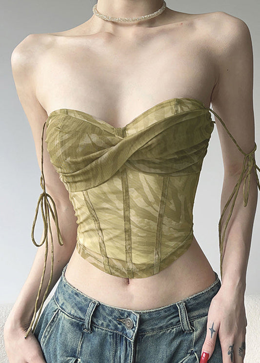 Hauts d'été en tulle vert clair avec ceinture nouée - Wavlynn
