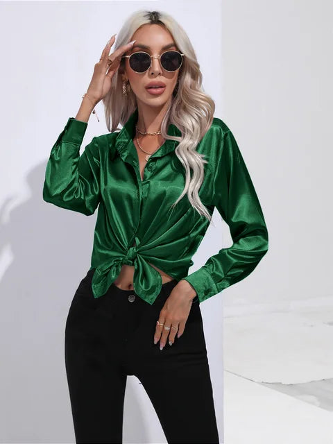 Camila women's ivory satin blouse flowy long sleeves with buttoned cuffs office to evening