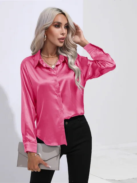 Camila women's ivory satin blouse flowy long sleeves with buttoned cuffs office to evening