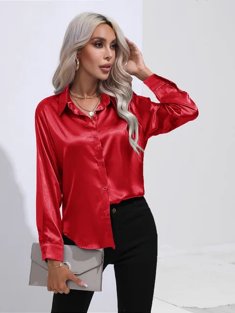 Camila women's ivory satin blouse flowy long sleeves with buttoned cuffs for office or evening