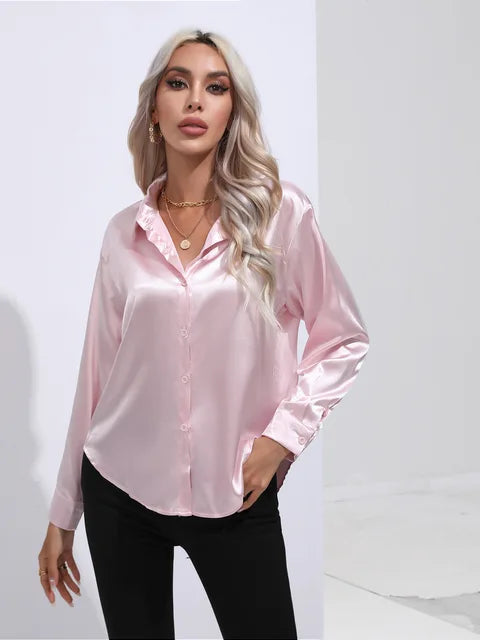 Camila ivory satin blouse long sleeves buttoned cuffs flowy luxe finish versatile office evening