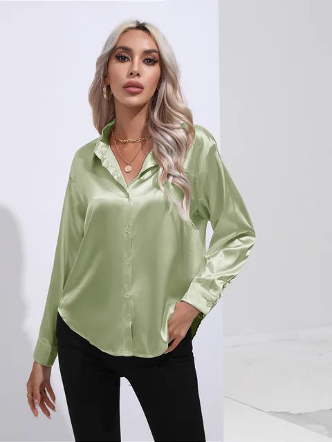 Camila ivory satin blouse long sleeves buttoned cuffs flowy luxe finish versatile office to evening
