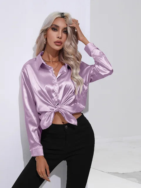 Camila ivory satin blouse long sleeves buttoned cuffs flowy luxe finish versatile office to evening