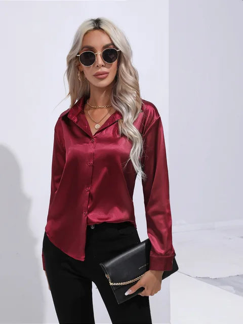Camila women's ivory satin blouse long sleeves buttoned cuffs flowy luxe finish versatile office evening