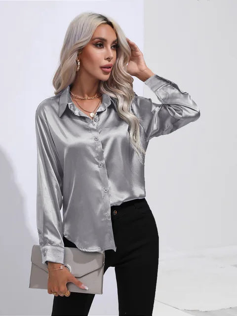 Camila ivory satin blouse long sleeves buttoned cuffs flowy luxe finish versatile office to evening