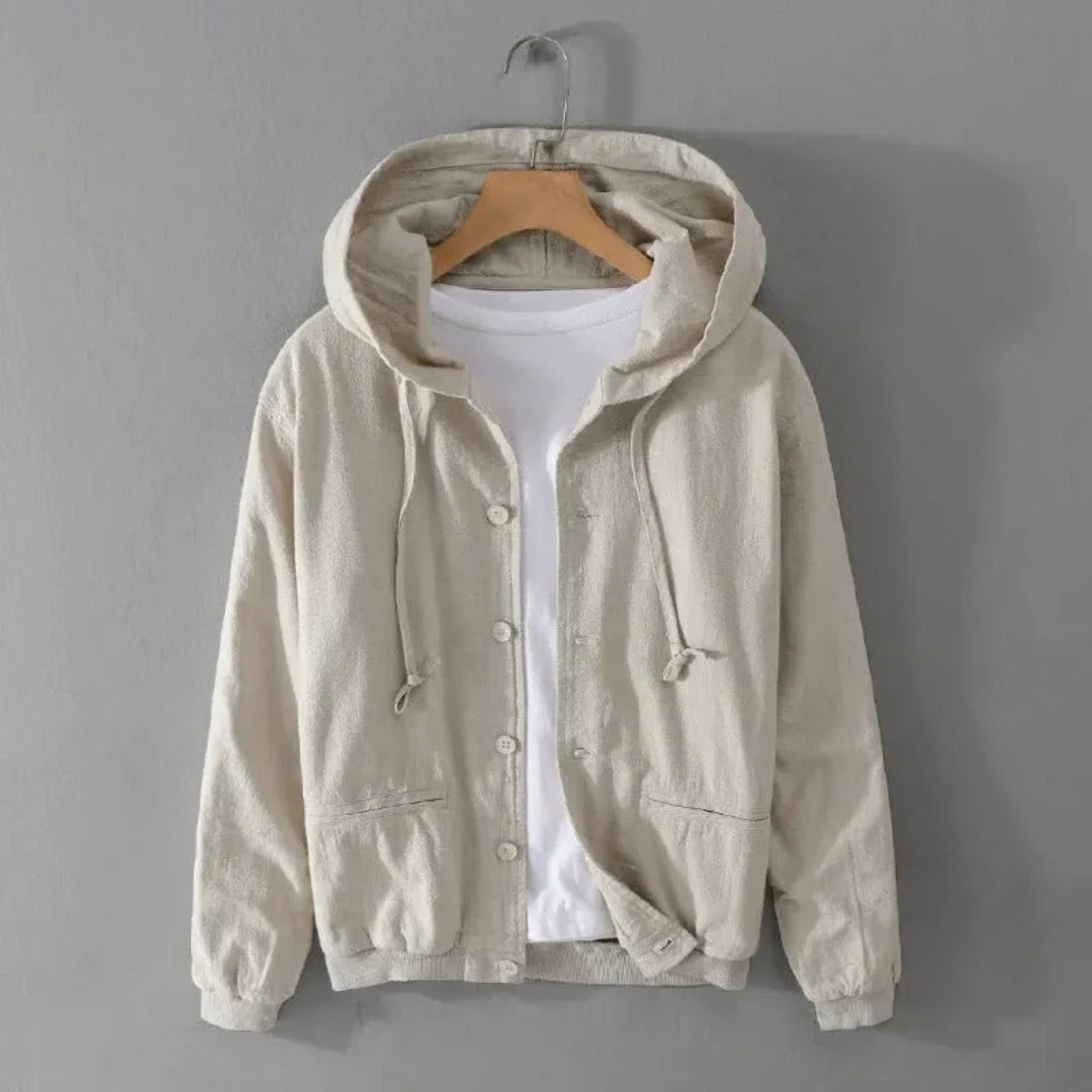 Beige relaxed-fit hooded linen jacket with button-up front and adjustable hood