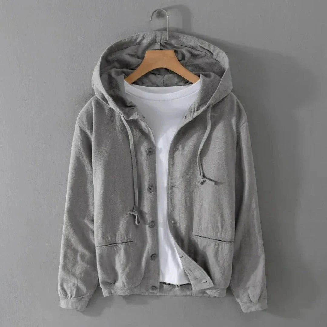 Beige hooded linen jacket relaxed fit with button-up front and adjustable hood