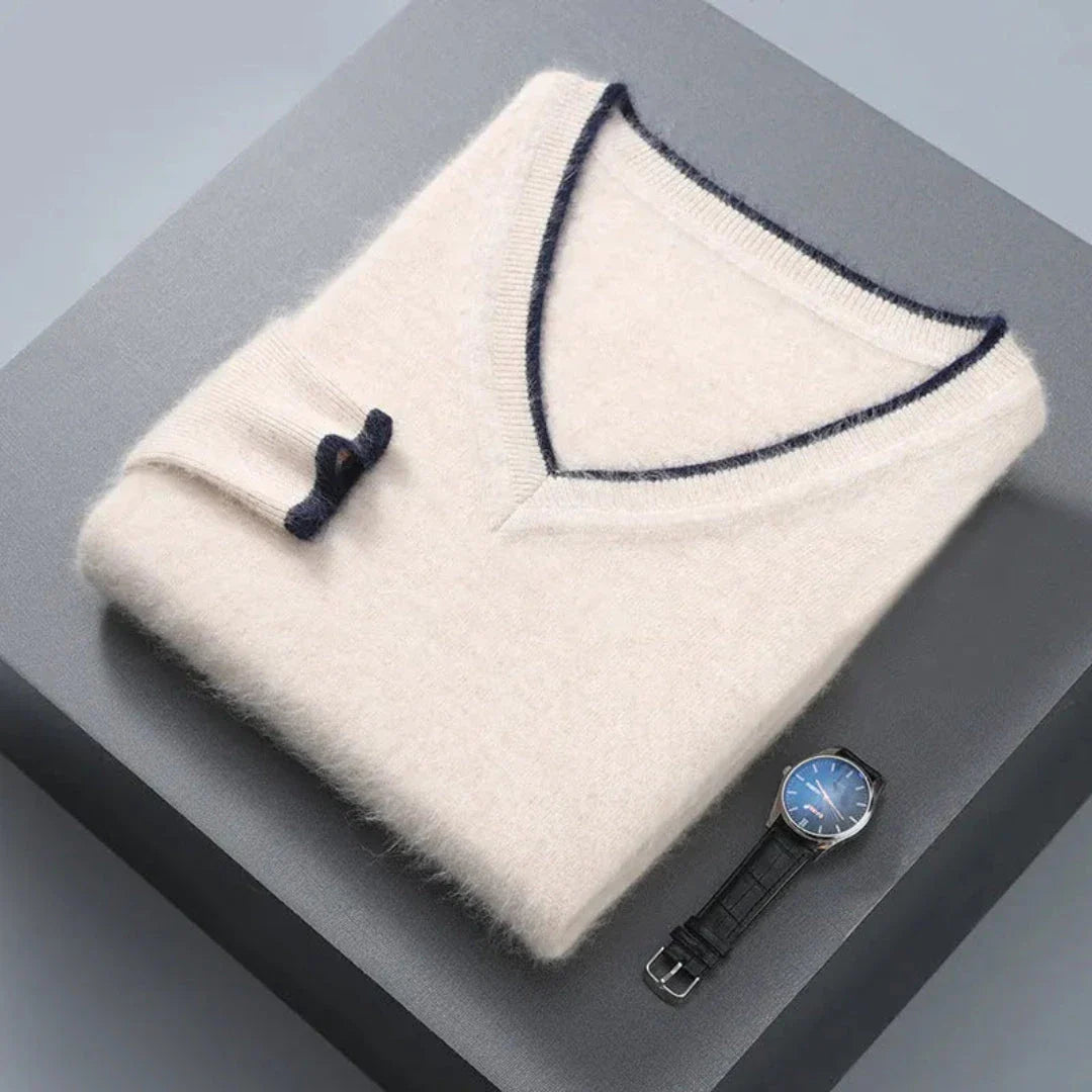 Wavlynn mink cashmere V-neck sweater for women, luxurious lightweight knit with elegant contrast trim