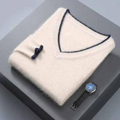 Wavlynn mink cashmere V-neck sweater for women, luxurious lightweight knit with elegant contrast trim
