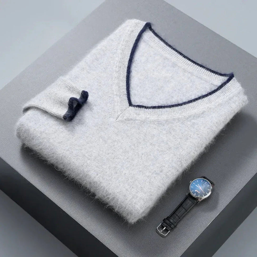 Wavlynn mink cashmere V-neck sweater for women in neutral tone with elegant contrast trim detailing