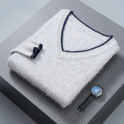 Wavlynn mink cashmere V-neck sweater for women in neutral tone with elegant contrast trim detailing
