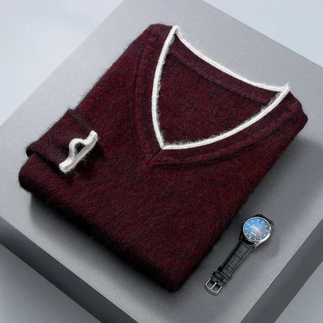 Women's mink cashmere V-neck sweater with elegant contrast trim, luxurious lightweight warmth