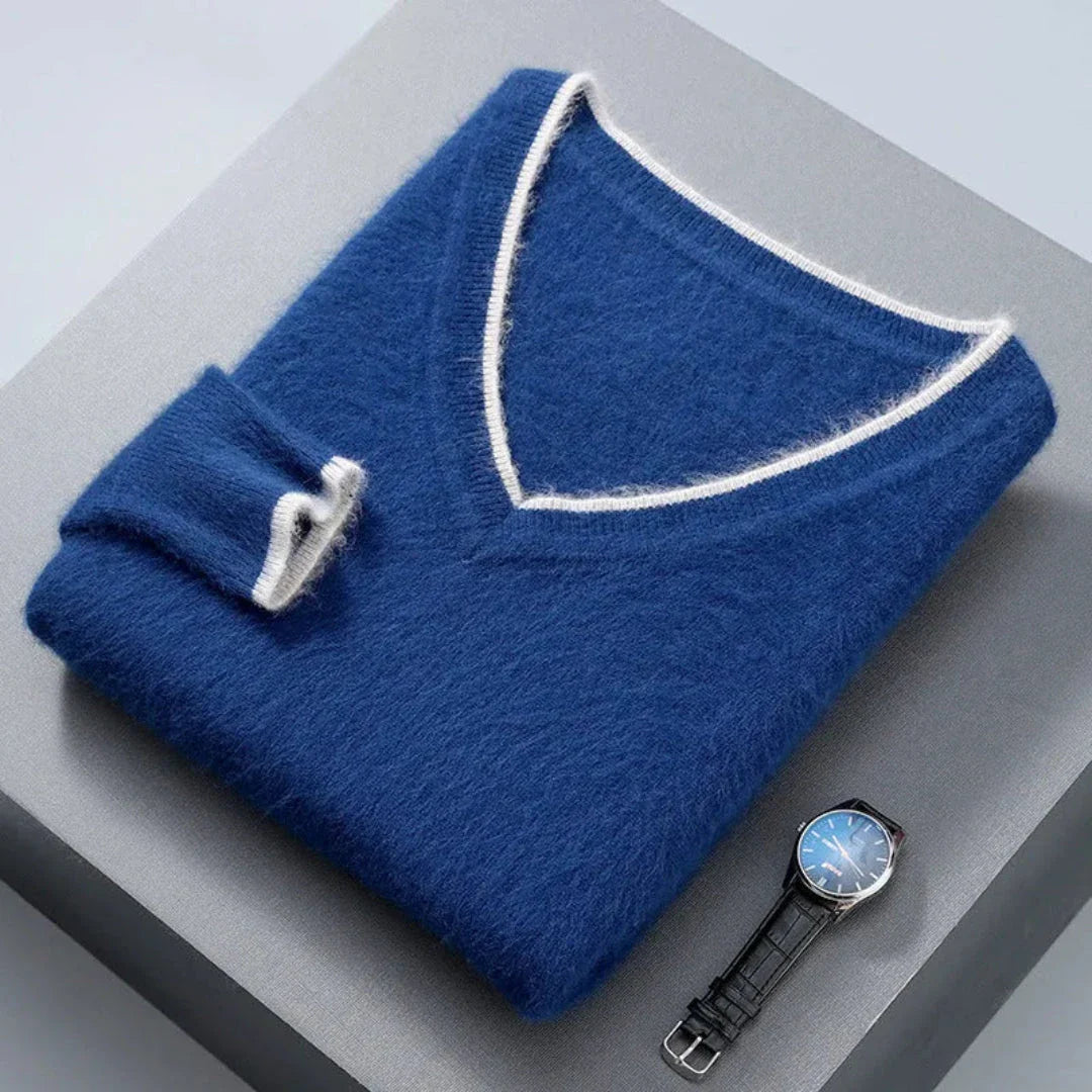 Women's mink cashmere V-neck sweater with elegant contrast trim, luxurious lightweight warmth