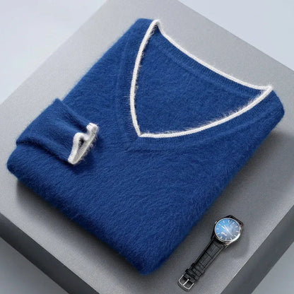 Women's mink cashmere V-neck sweater with elegant contrast trim, luxurious lightweight warmth