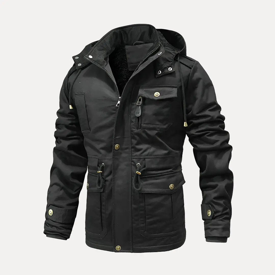 Dark tactical utility jacket with thermal-reflective insulation, waterproof hooded design for extreme cold