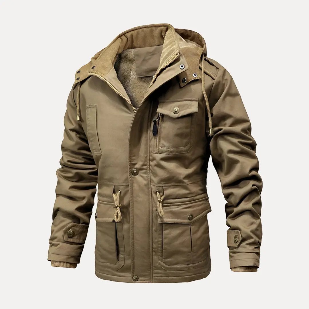 Dark tactical utility jacket with hood, waterproof thermal-reflective insulation and fleece interior