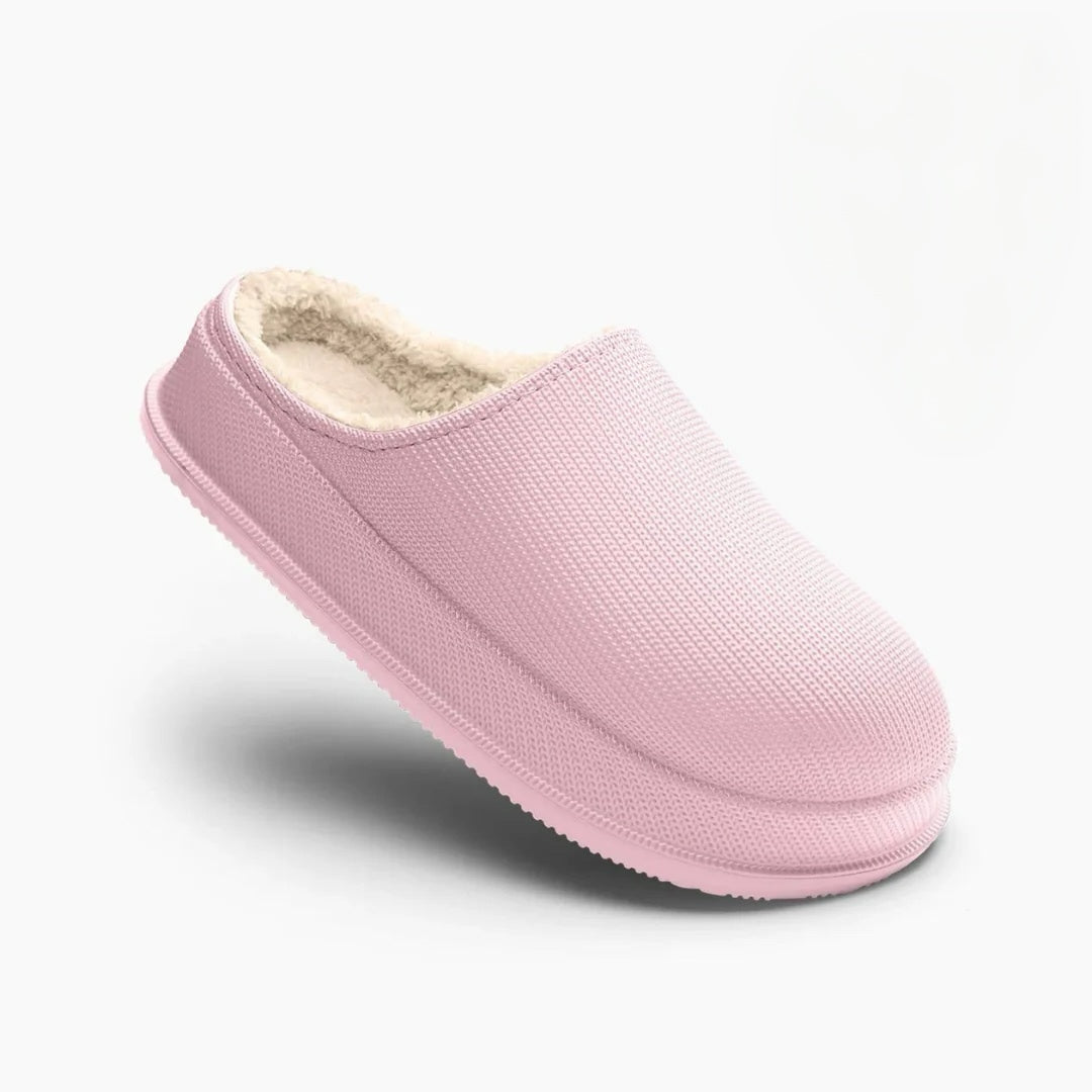 Women's cushioned sandals in warm tones with plush interior lining and thick padded sole