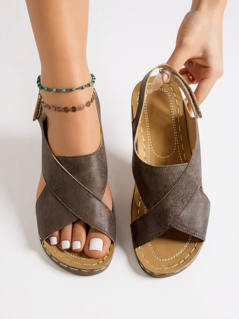 Olive green women's platform wedge sandals with cushioned insole and lightweight sole