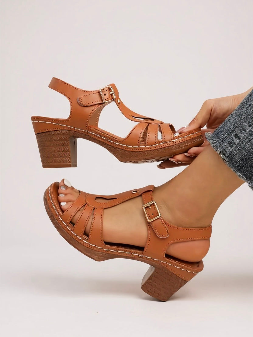 Women's saffron block heel sandals with cushioned insole and sleek minimalist design