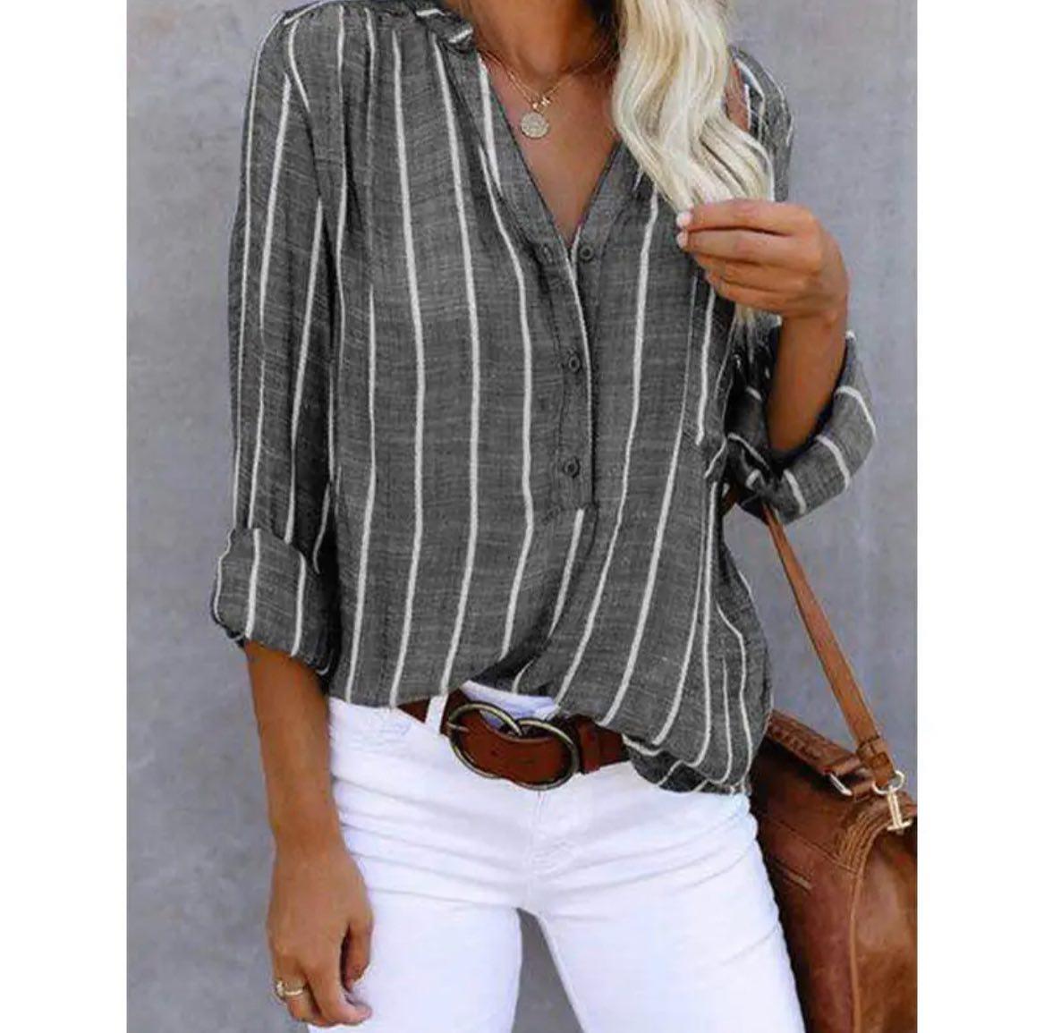 Candace striped casual blouse in classic vertical pattern, relaxed fit, silhouette-elongating design