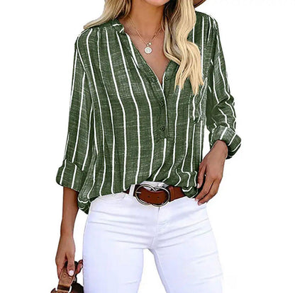 Candace striped casual blouse with vertical stripe pattern for an elongating silhouette effect