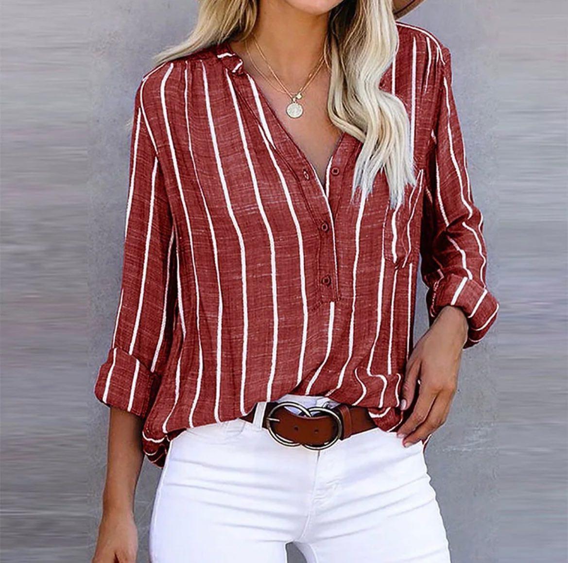 Candace striped casual blouse with vertical pattern, relaxed fit, elongating silhouette design