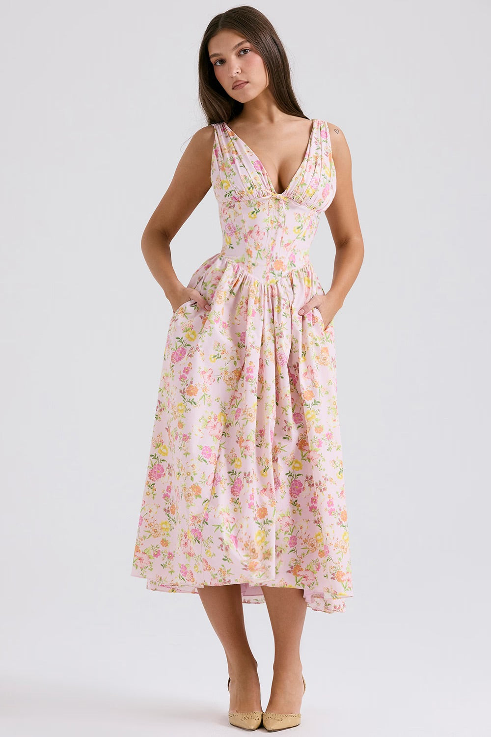 Saffron yellow women's wedding guest midi dress flowy silhouette waist-defining summer 2026
