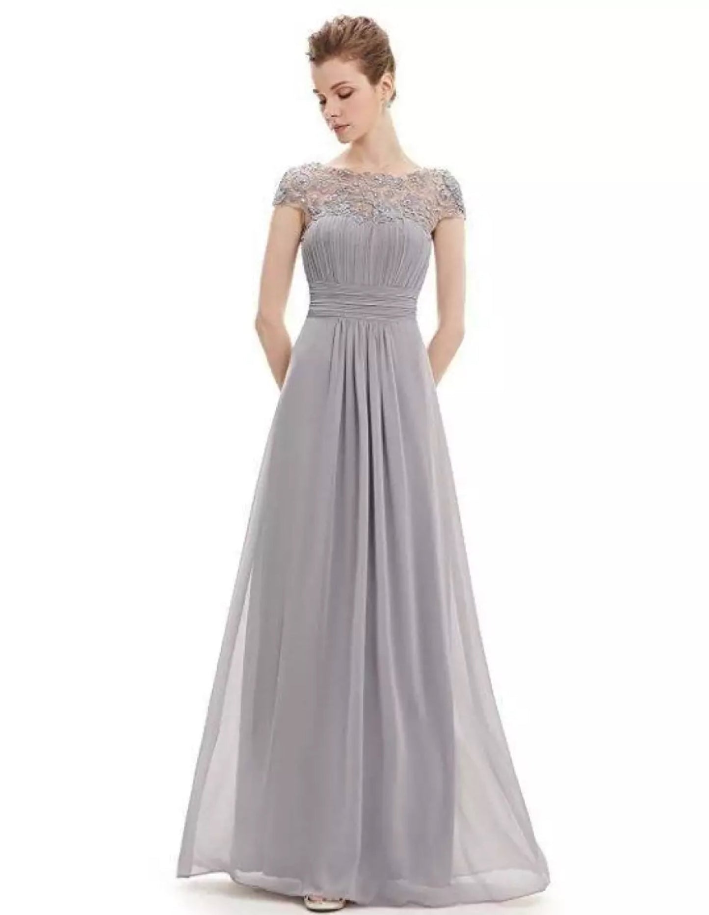 Elegant A-line mother of the bride dress with lace collar and delicate sheer accents for formal occasions