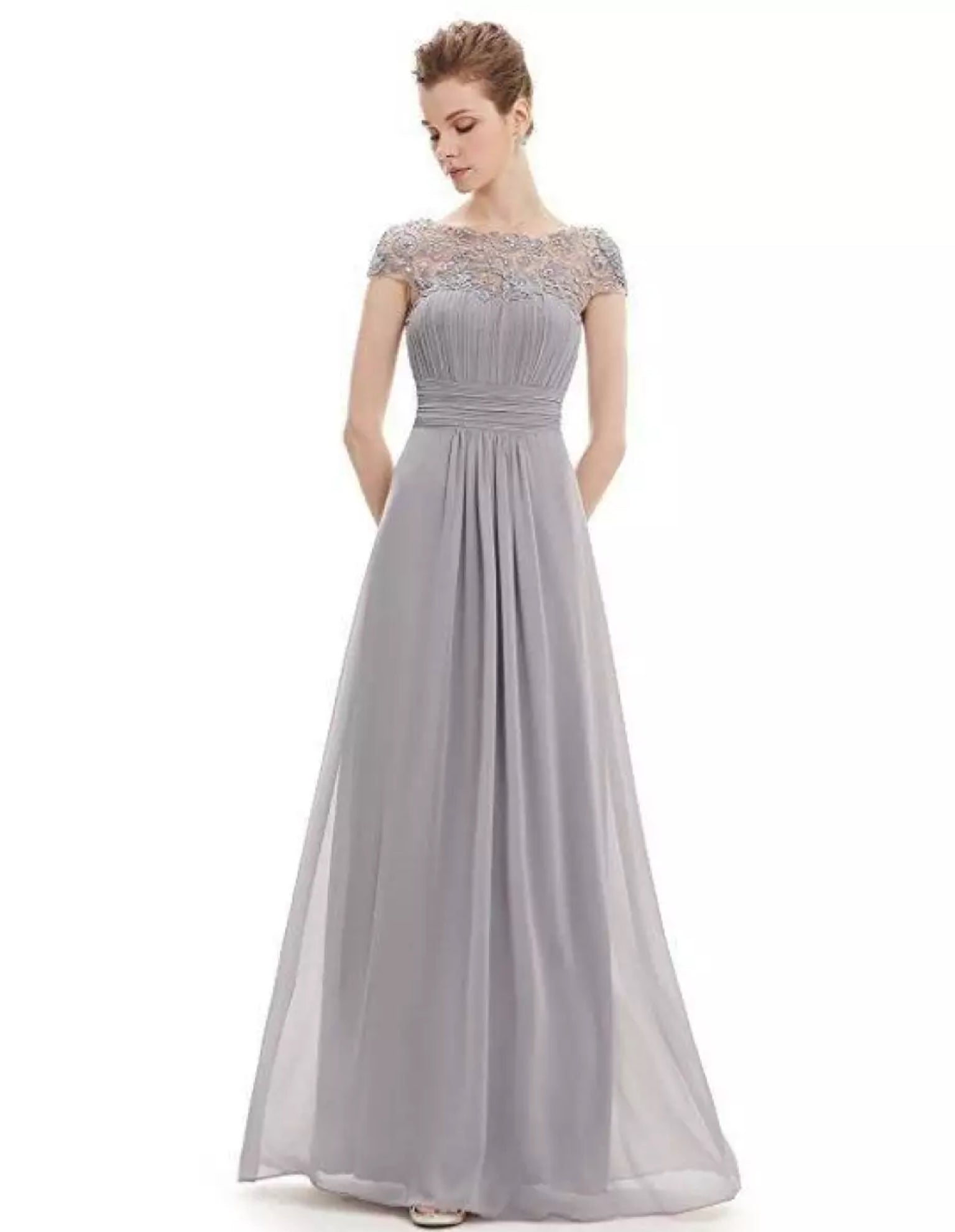 Elegant A-line mother of the bride dress with lace collar and delicate sheer accents for formal occasions