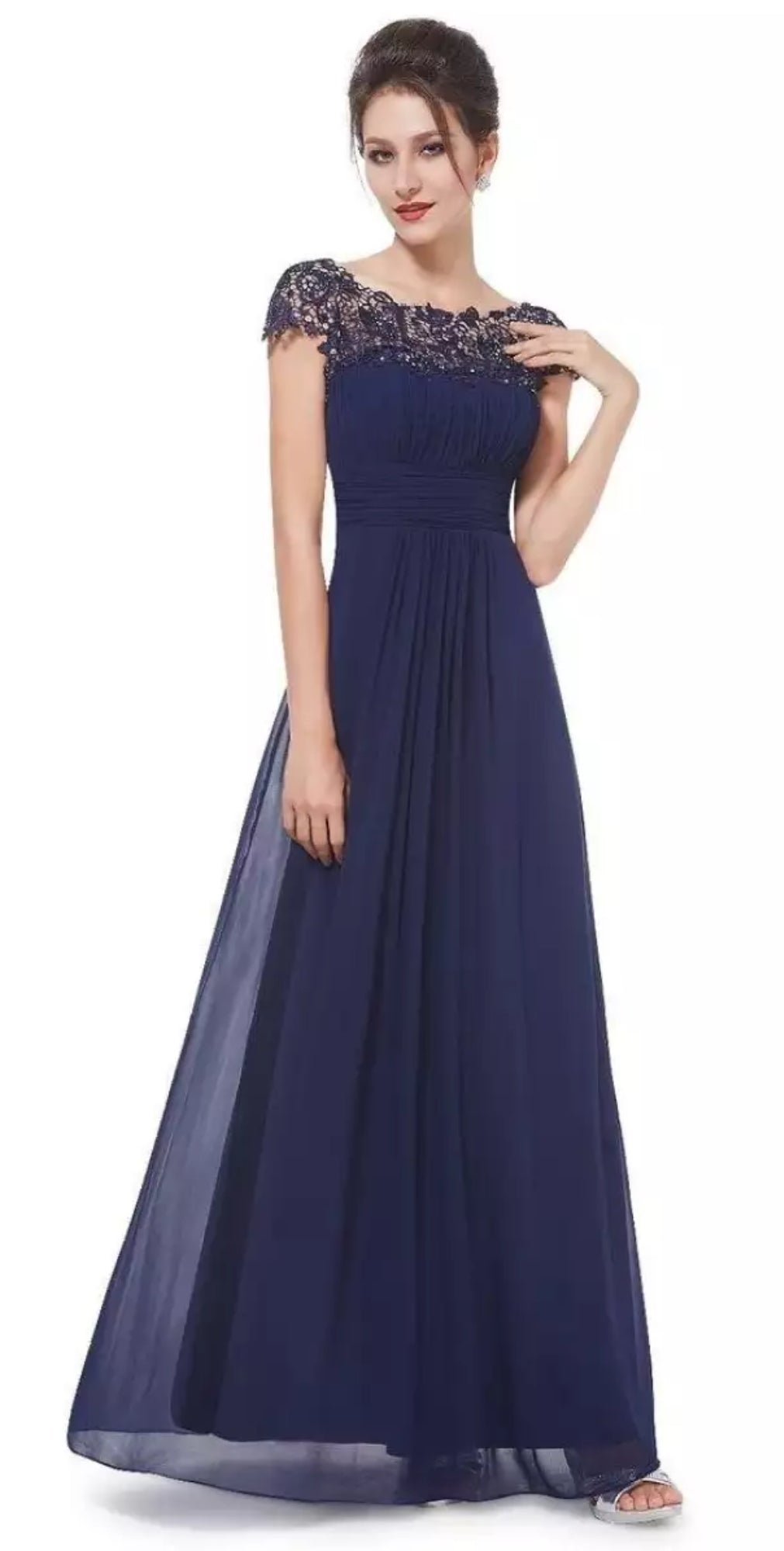Elegant A-line mother of the bride dress with lace collar and sheer accents for special occasions
