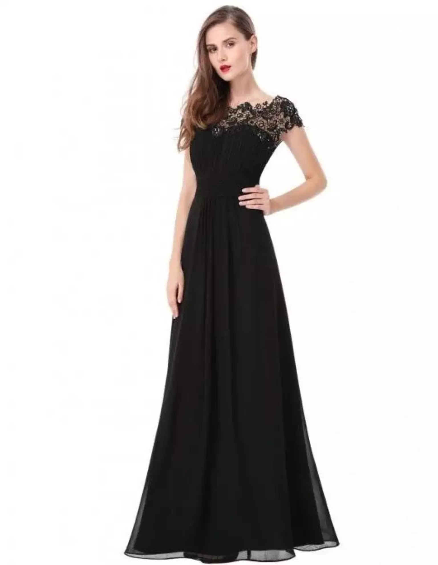 Elegant A-line mother of the bride dress with lace collar and delicate sheer accent in classic style