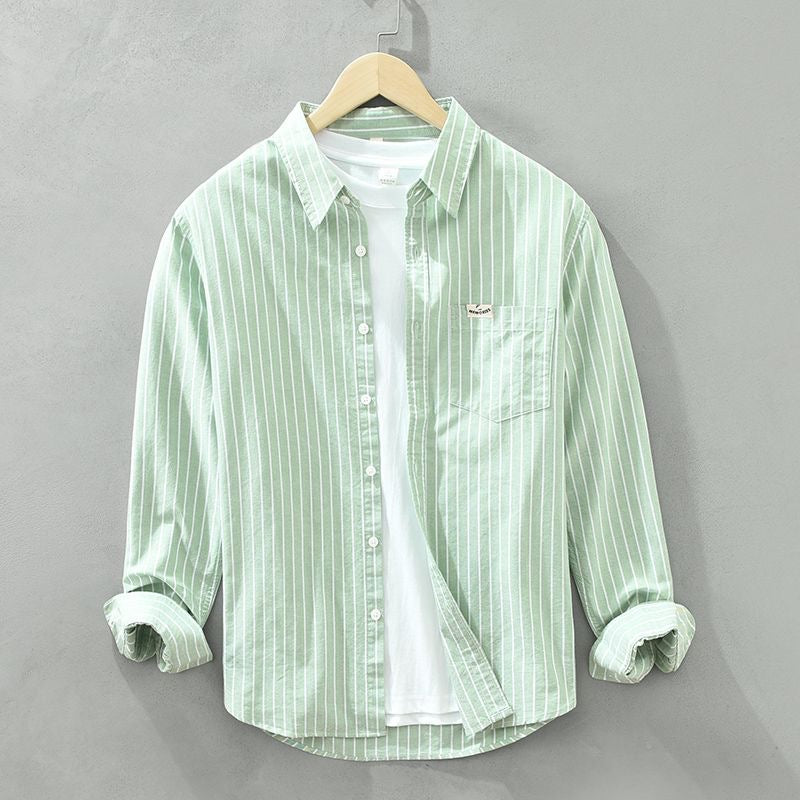 Men's blue white vertical striped casual shirt relaxed modern fit button-up everyday style