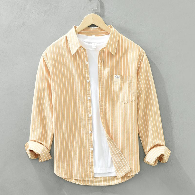 Men's white vertical striped casual shirt relaxed modern fit button-down everyday style