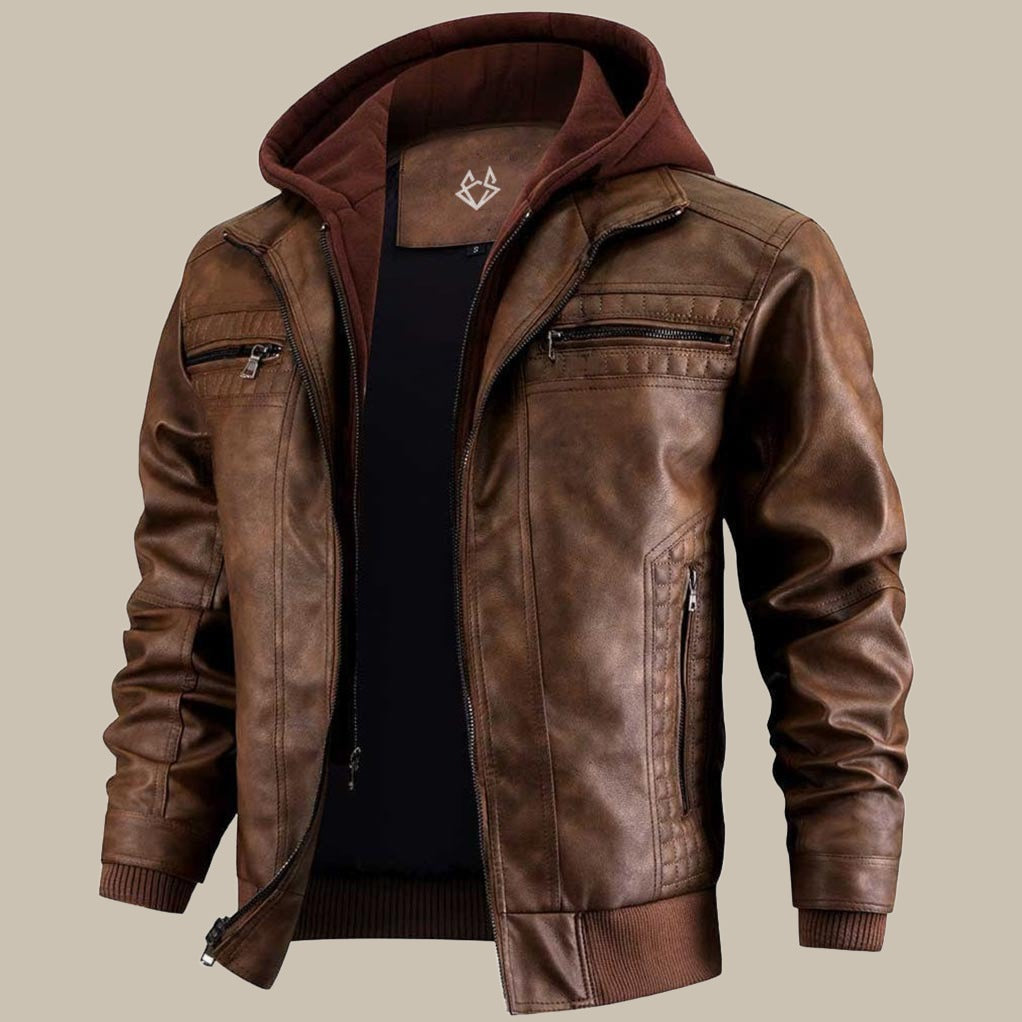 Men's black vegan leather hooded jacket slim fit with utility pockets by Wavlynn